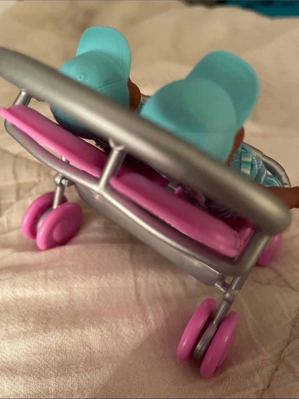 Twin Baby Doll Set with Pink Double Stroller and Teal Outfits - Picture 3 of 3